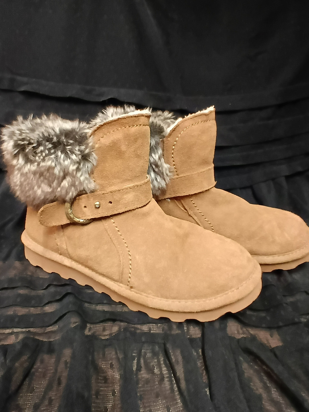 BearPaw Koko Faux Suede Ankle Booties with Fur Cuff  Women's Size 9 NWOT